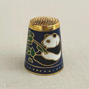 Vintage Cloisonné Panda Thimble  1" H Handcrafted Enamel Collectible Blue Gold